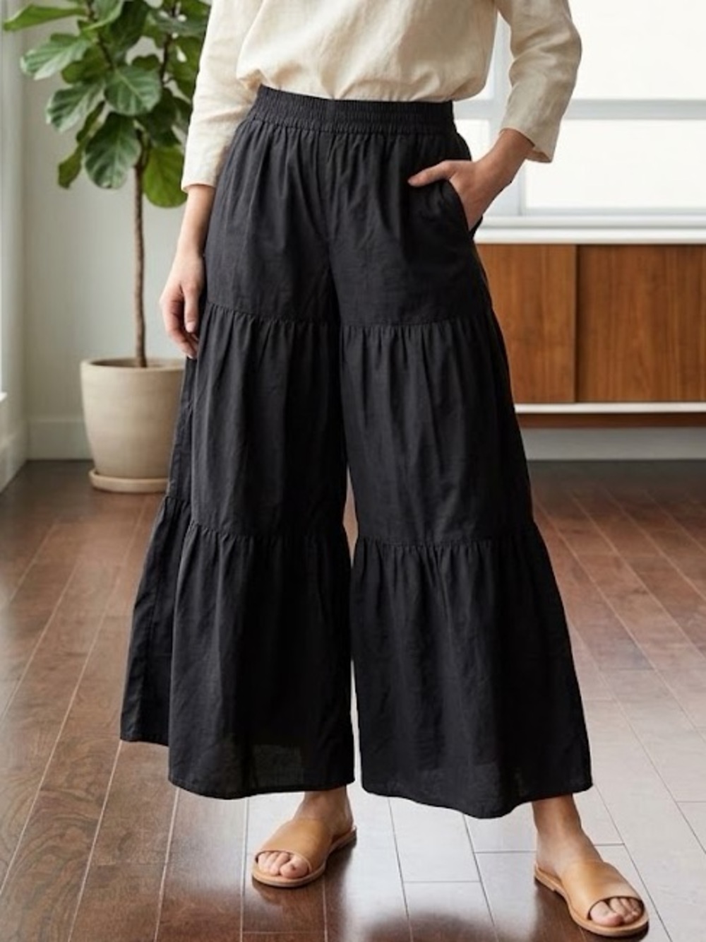 ABLE Black Tiered Wide Leg Pants XL Flowy Boho Palazzo Stretch High Waisted